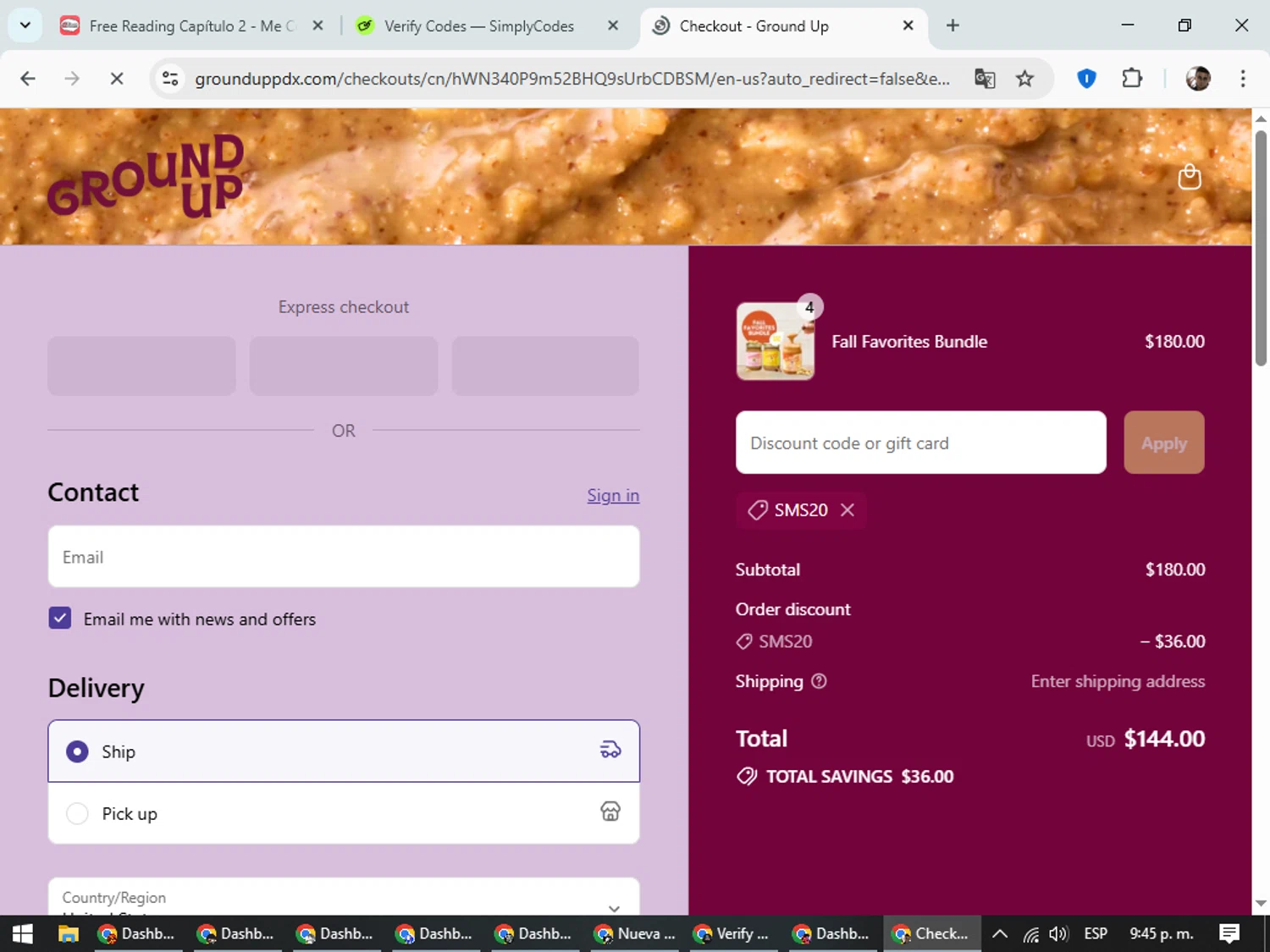 Ground Up discount code screenshot showing code SMS20 applied at Ground Up checkout page. Uploaded by SimplyCodes community member DiscountSeeker682 on Sep 17, 2025