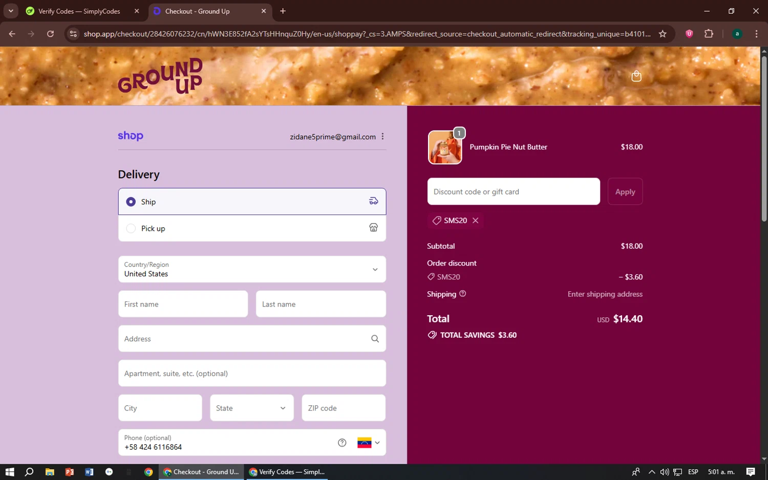 Ground Up discount code screenshot showing code SMS20 applied at Ground Up checkout page. Uploaded by SimplyCodes community member zizu55 on Sep 21, 2025