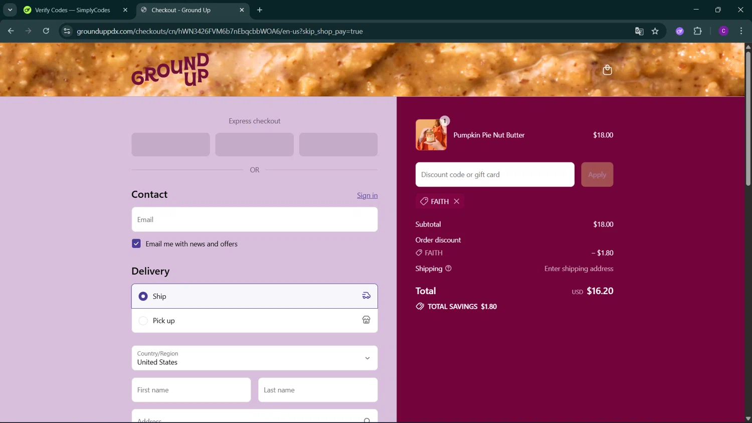 Ground Up discount code screenshot showing code Faith applied at Ground Up checkout page. Uploaded by SimplyCodes community member GoldSeeker3096 on Sep 17, 2025
