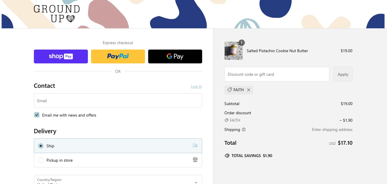Ground Up discount code screenshot showing code Faith applied at Ground Up checkout page. Uploaded by SimplyCodes community member LukaModric10 on Feb 23, 2025