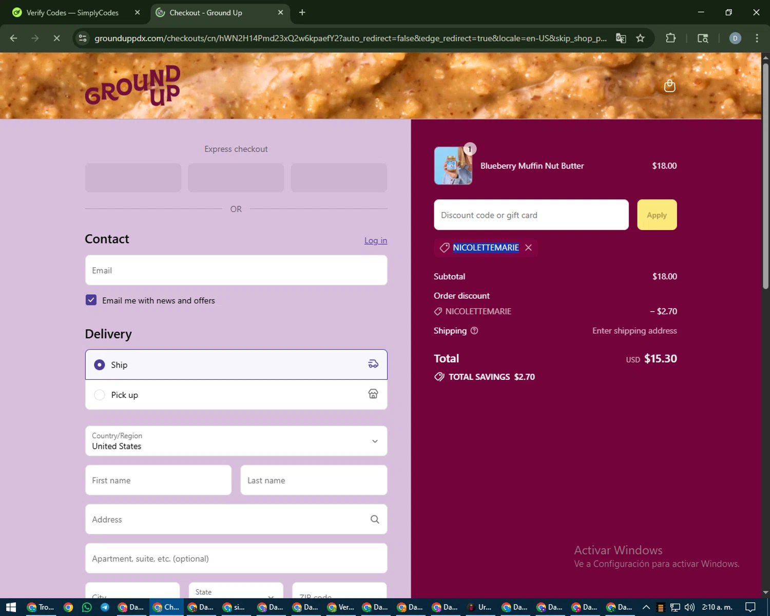 Ground Up discount code screenshot showing code NICOLETTEMARIE applied at Ground Up checkout page. Uploaded by SimplyCodes community member CleverCurator2558 on Aug 27, 2025
