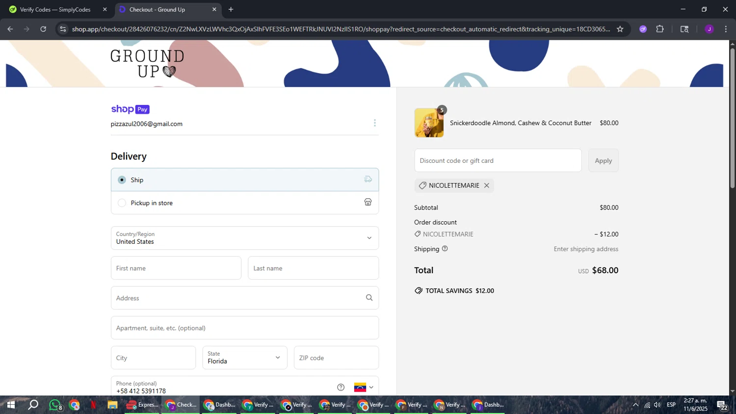 Ground Up discount code screenshot showing code NICOLETTEMARIE applied at Ground Up checkout page. Uploaded by SimplyCodes community member ComeBurra123 on Jun 11, 2025