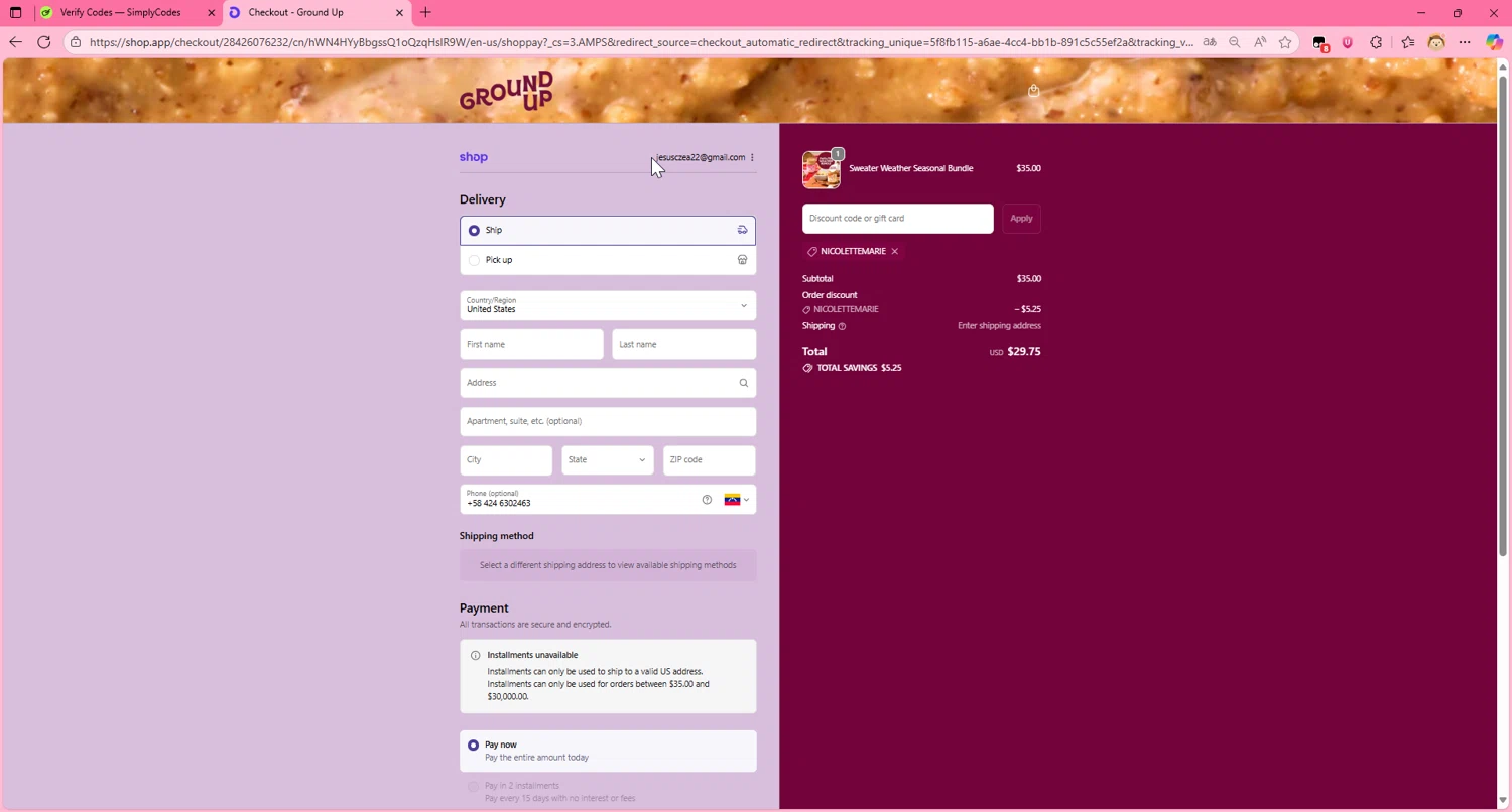 Ground Up discount code screenshot showing code NICOLETTEMARIE applied at Ground Up checkout page. Uploaded by SimplyCodes community member murraytopsom on Oct 19, 2025
