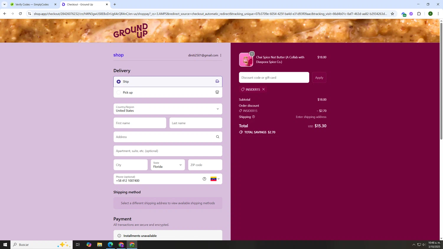 Ground Up discount code screenshot showing code INSIDER15 applied at Ground Up checkout page. Uploaded by SimplyCodes community member AnthonyGTX on Oct 3, 2025