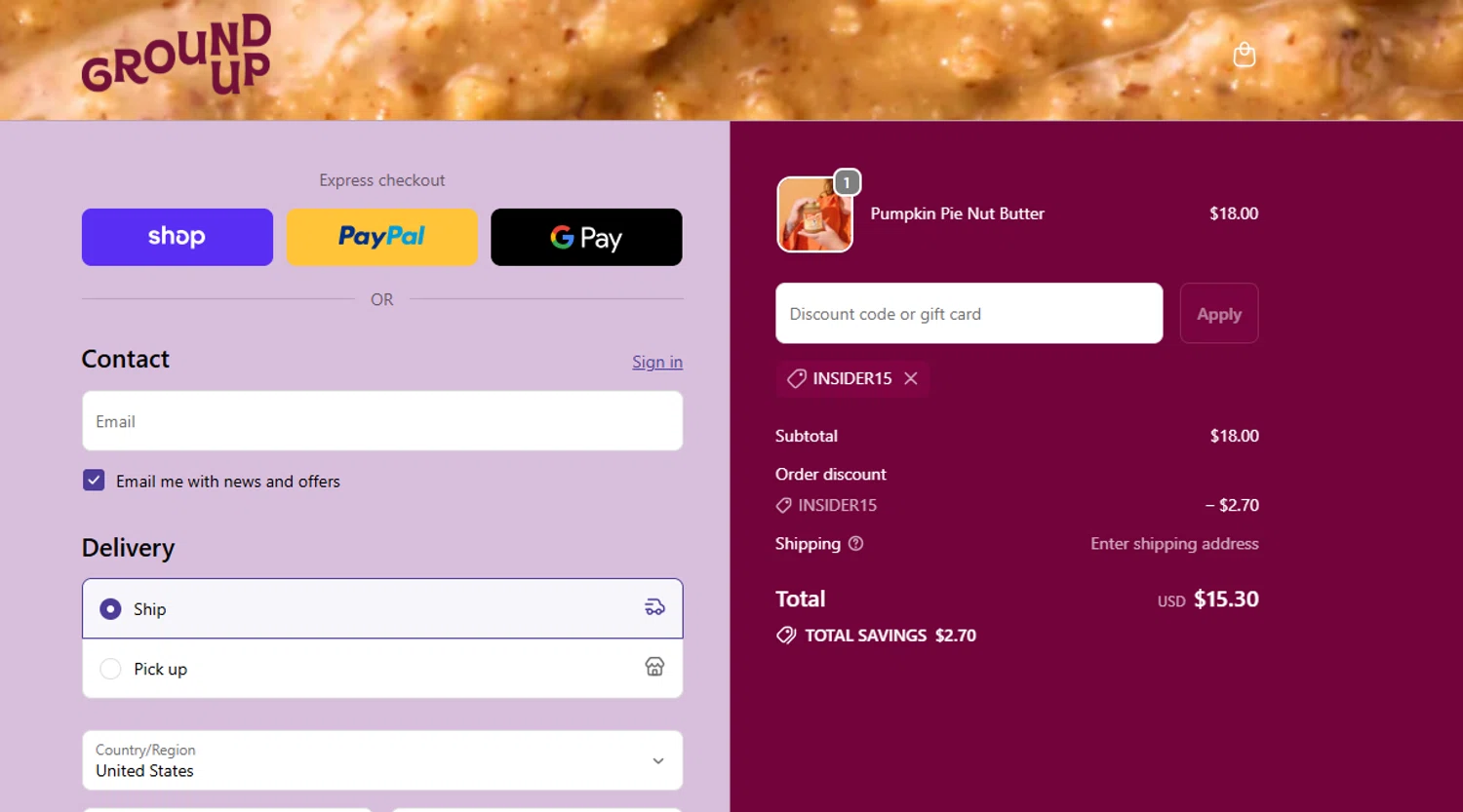 Ground Up discount code screenshot showing code INSIDER15 applied at Ground Up checkout page. Uploaded by SimplyCodes community member CouponLion324 on Sep 21, 2025