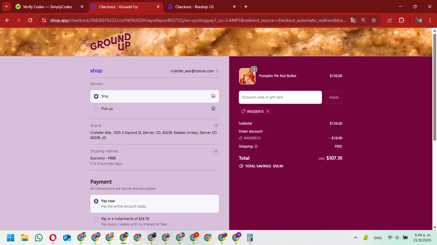 Ground Up discount code screenshot showing code INSIDER15 applied at Ground Up checkout page. Uploaded by SimplyCodes community member David_Gut_Sonic on Sep 21, 2025