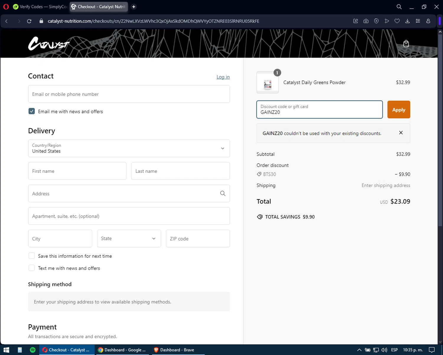 Groundwork Coffee promo code screenshot showing code MISSEDYOU20 applied at Groundwork Coffee checkout page. Uploaded by SimplyCodes community member Hanamichi on Jan 3, 2025