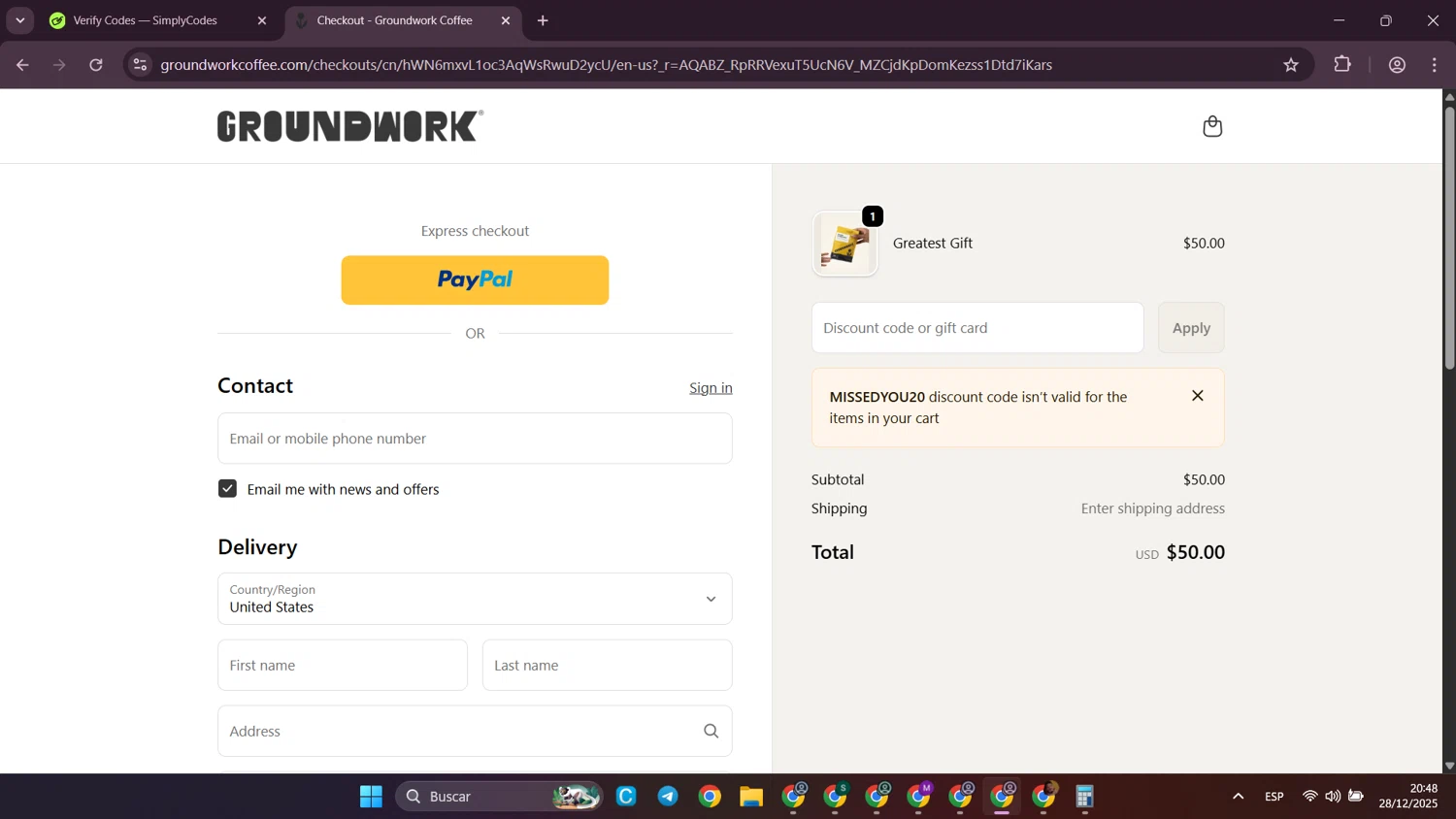 Groundwork Coffee promo code screenshot showing code MISSEDYOU20 applied at Groundwork Coffee checkout page. Uploaded by SimplyCodes community member SilverWhiz4145 on Dec 29, 2025