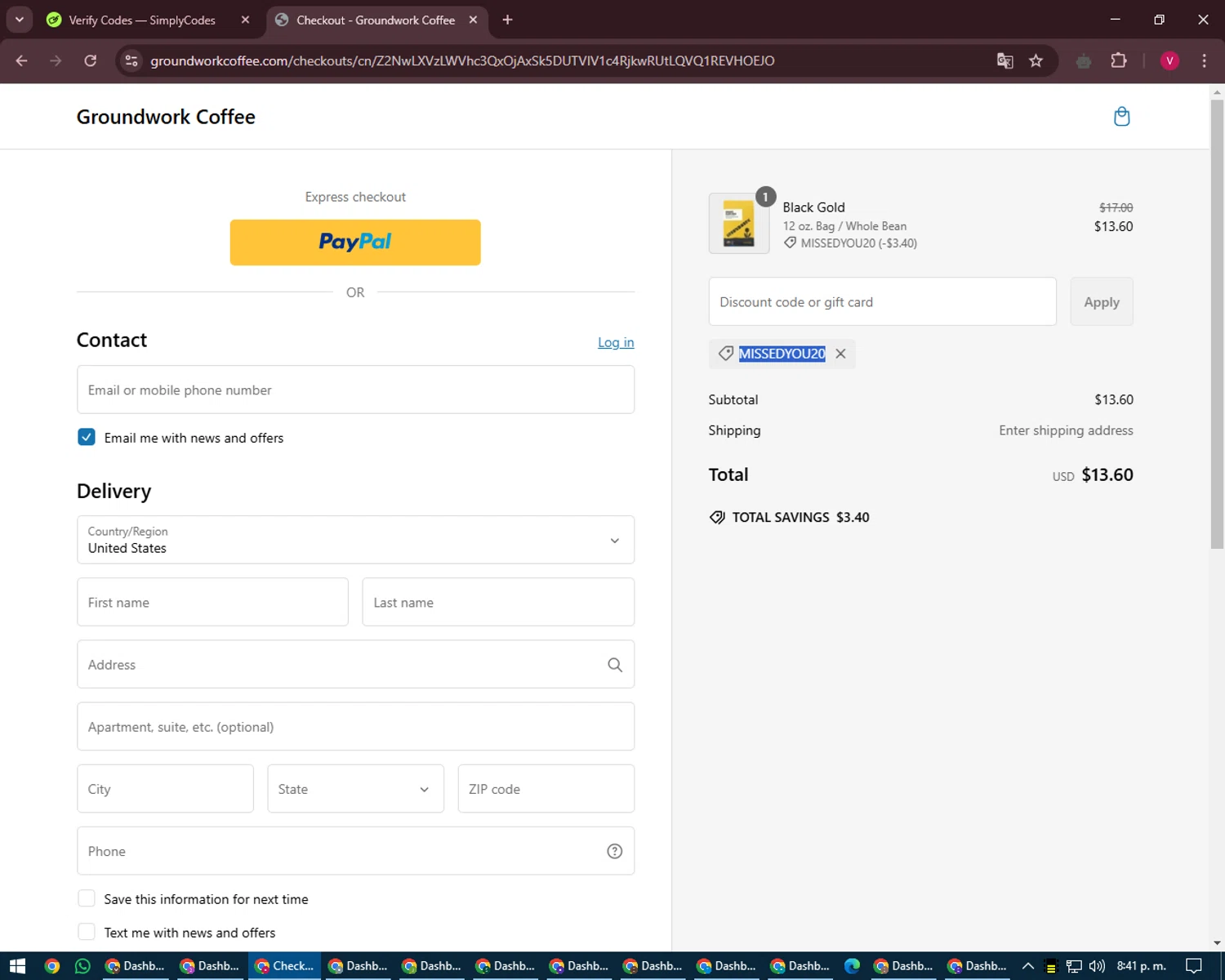 Groundwork Coffee promo code screenshot showing code MISSEDYOU20 applied at Groundwork Coffee checkout page. Uploaded by SimplyCodes community member ShieldEagle6102 on Mar 3, 2025