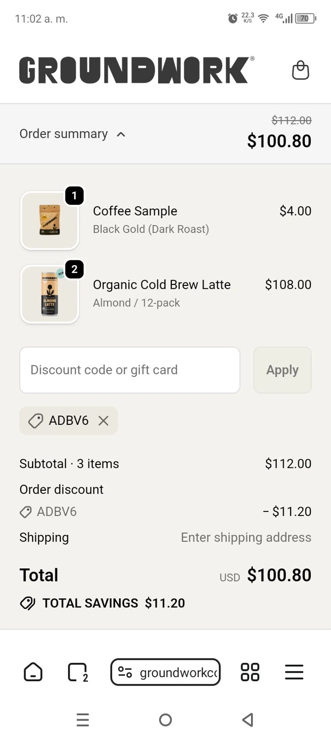 Groundwork Coffee promo code screenshot showing code ADBV6 applied at Groundwork Coffee checkout page. Uploaded by SimplyCodes community member AnthonyGuapeton94 on Jan 12, 2026