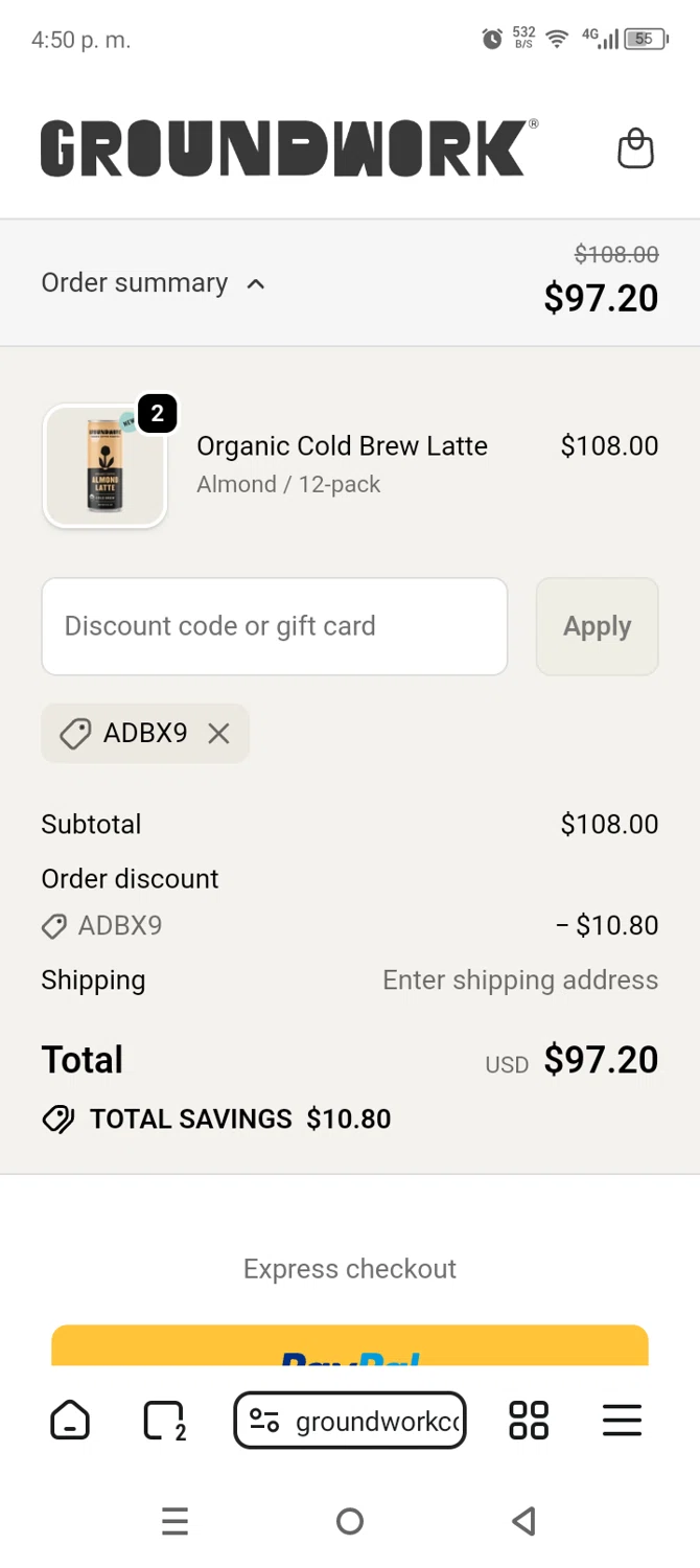 Groundwork Coffee promo code screenshot showing code ADBX9 applied at Groundwork Coffee checkout page. Uploaded by SimplyCodes community member AnthonyGuapeton94 on Jan 7, 2026