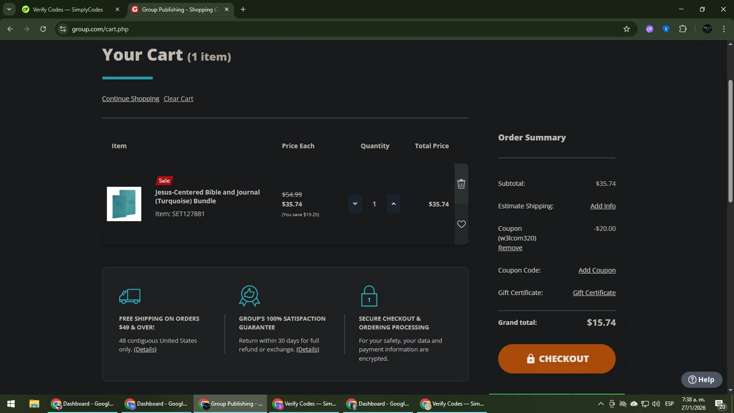 Group promo code screenshot showing code w3lcom320 applied at Group checkout page. Uploaded by SimplyCodes community member CarmenVGR on Jan 27, 2026