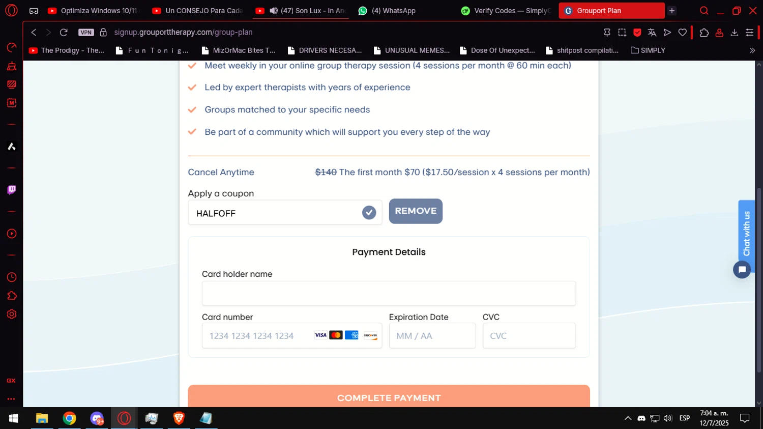 Grouport Online Therapy promo code screenshot showing code HALFOFF applied at Grouport Online Therapy checkout page. Uploaded by SimplyCodes community member Anteserachido on Jul 12, 2025