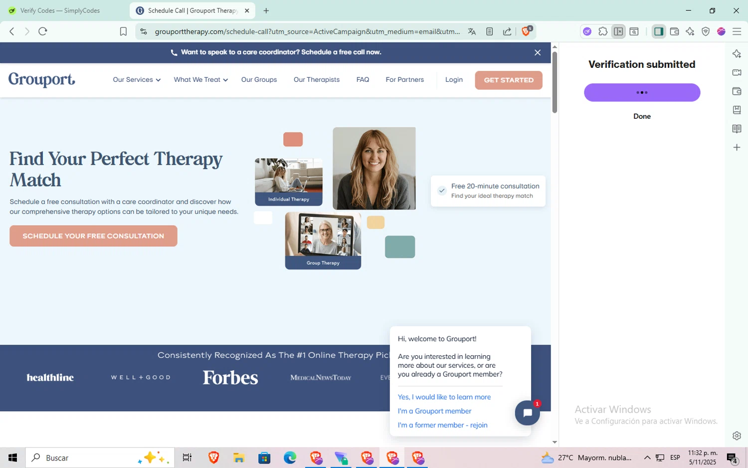 Grouport Online Therapy promo code screenshot showing code JUL100 applied at Grouport Online Therapy checkout page. Uploaded by SimplyCodes community member aaaaaaaaaaaaaaa on Nov 6, 2025