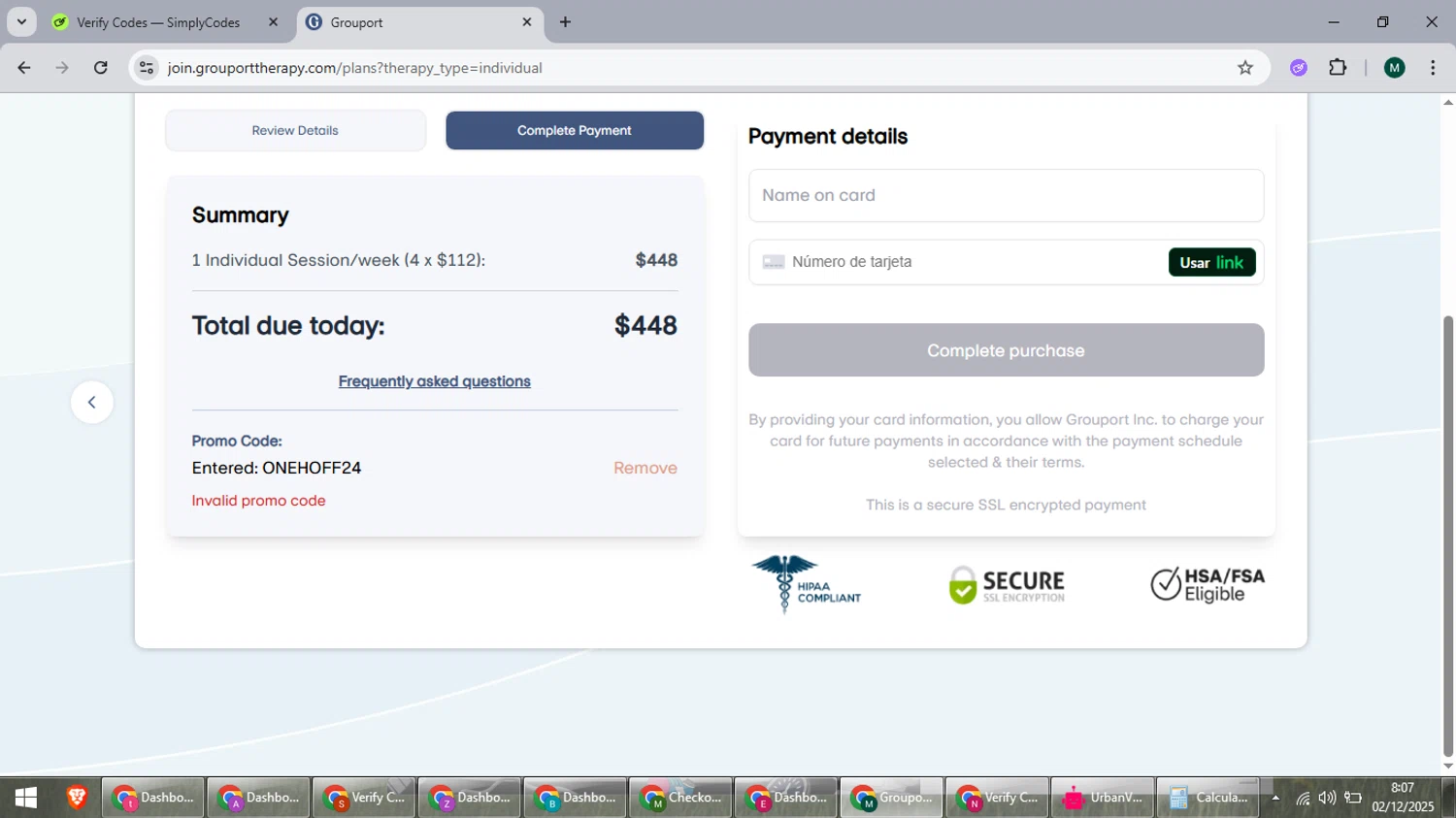 Grouport Online Therapy promo code screenshot showing code ONEHOFF24 applied at Grouport Online Therapy checkout page. Uploaded by SimplyCodes community member suieeloves on Dec 2, 2025