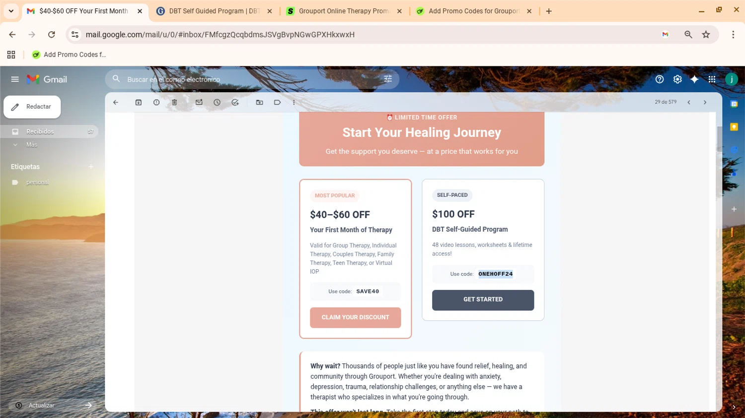 Grouport Online Therapy promo code screenshot showing code ONEHOFF24 applied at Grouport Online Therapy checkout page. Uploaded by SimplyCodes community member yennifergonzalez on Nov 3, 2025