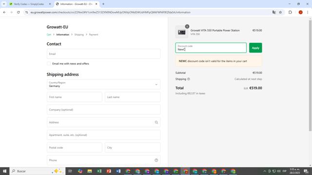Growatt checkout page showing Growatt discount code box | Screenshot taken by SimplyCodes community member on Feb 28, 2025