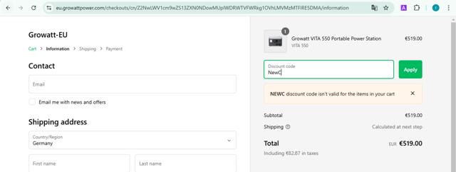 Growatt checkout page showing Growatt discount code box | Screenshot taken by SimplyCodes community member on Jan 18, 2025