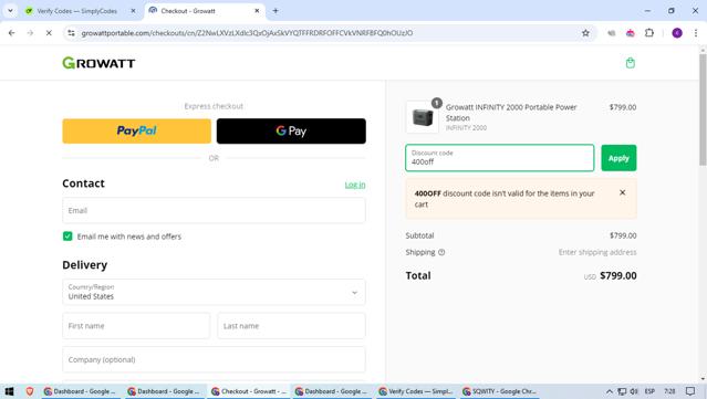 Growatt checkout page showing Growatt discount code box | Screenshot taken by SimplyCodes community member on Dec 12, 2024