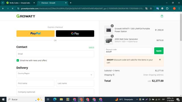 Growatt checkout page showing Growatt discount code box | Screenshot taken by SimplyCodes community member on Oct 7, 2024