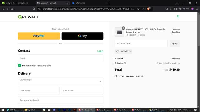 Growatt checkout page showing Growatt discount code box | Screenshot taken by SimplyCodes community member on Dec 12, 2024