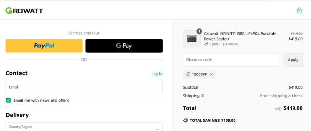 Growatt checkout page showing Growatt discount code box | Screenshot taken by SimplyCodes community member on Nov 24, 2024