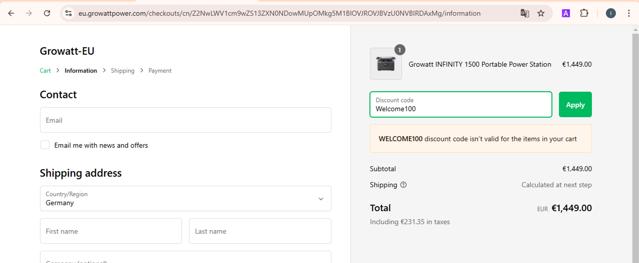 Growatt checkout page showing Growatt discount code box | Screenshot taken by SimplyCodes community member on Feb 27, 2025