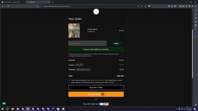 Growers Choice Seeds checkout page showing Growers Choice Seeds promo code box | Screenshot taken by SimplyCodes community member on Sep 1, 2025