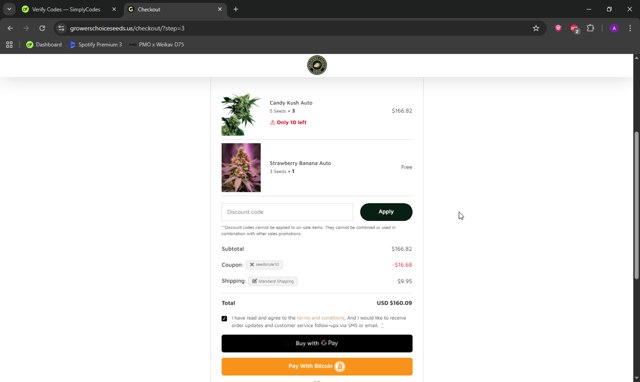 Growers Choice Seeds checkout page showing Growers Choice Seeds promo code box | Screenshot taken by SimplyCodes community member on Aug 13, 2025