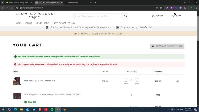 Grow Gorgeous checkout page showing Grow Gorgeous discount code box | Screenshot taken by SimplyCodes community member on Aug 16, 2025