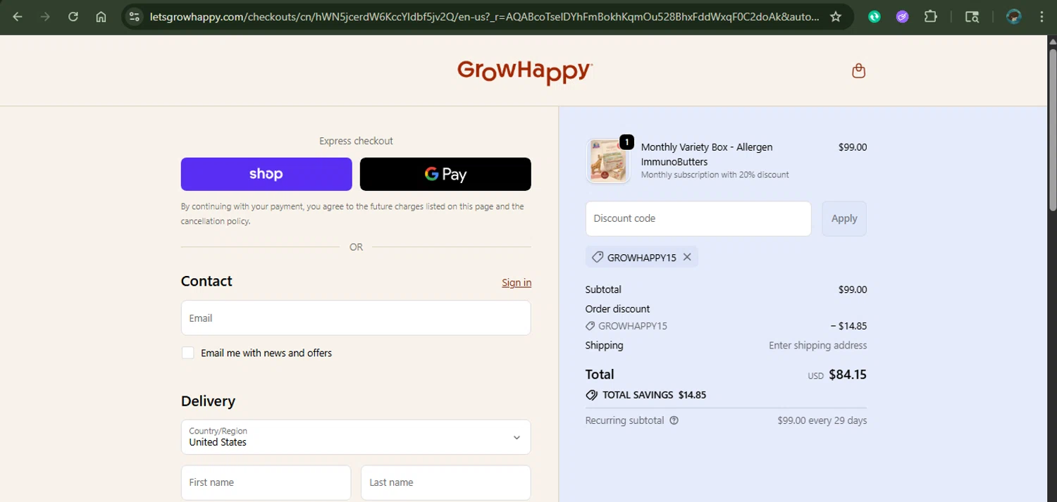 GrowHappy promo code screenshot showing code GROWHAPPY15 applied at GrowHappy checkout page. Uploaded by SimplyCodes community member xAngel on Nov 26, 2025