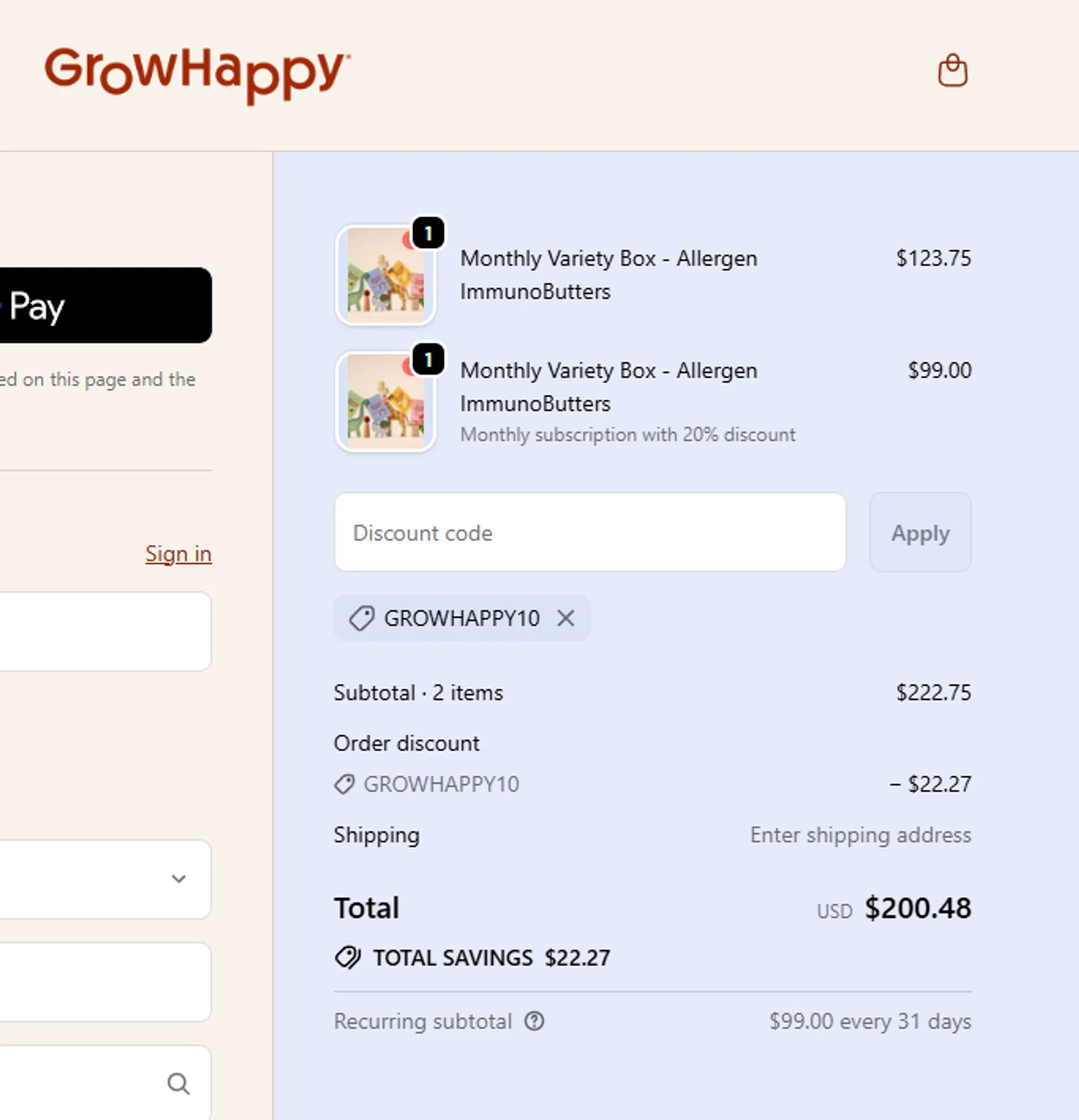 GrowHappy promo code screenshot showing code GROWHAPPY10 applied at GrowHappy checkout page. Uploaded by SimplyCodes community member aumentadax10 on Sep 29, 2025