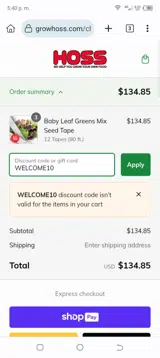 WELCOME10 coupon verification screenshot