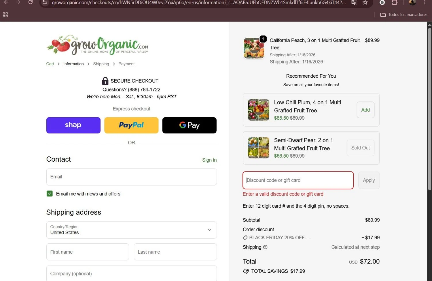 Grow Organic promo code screenshot showing code EARLYBF20 applied at Grow Organic checkout page. Uploaded by SimplyCodes community member Milaya on Nov 29, 2025