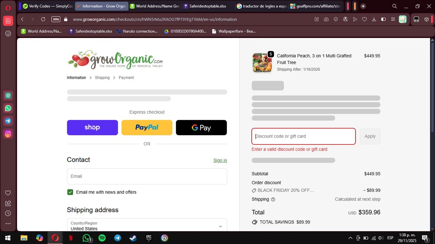 Grow Organic promo code screenshot showing code EARLYBF20 applied at Grow Organic checkout page. Uploaded by SimplyCodes community member MimusukyNara on Nov 29, 2025