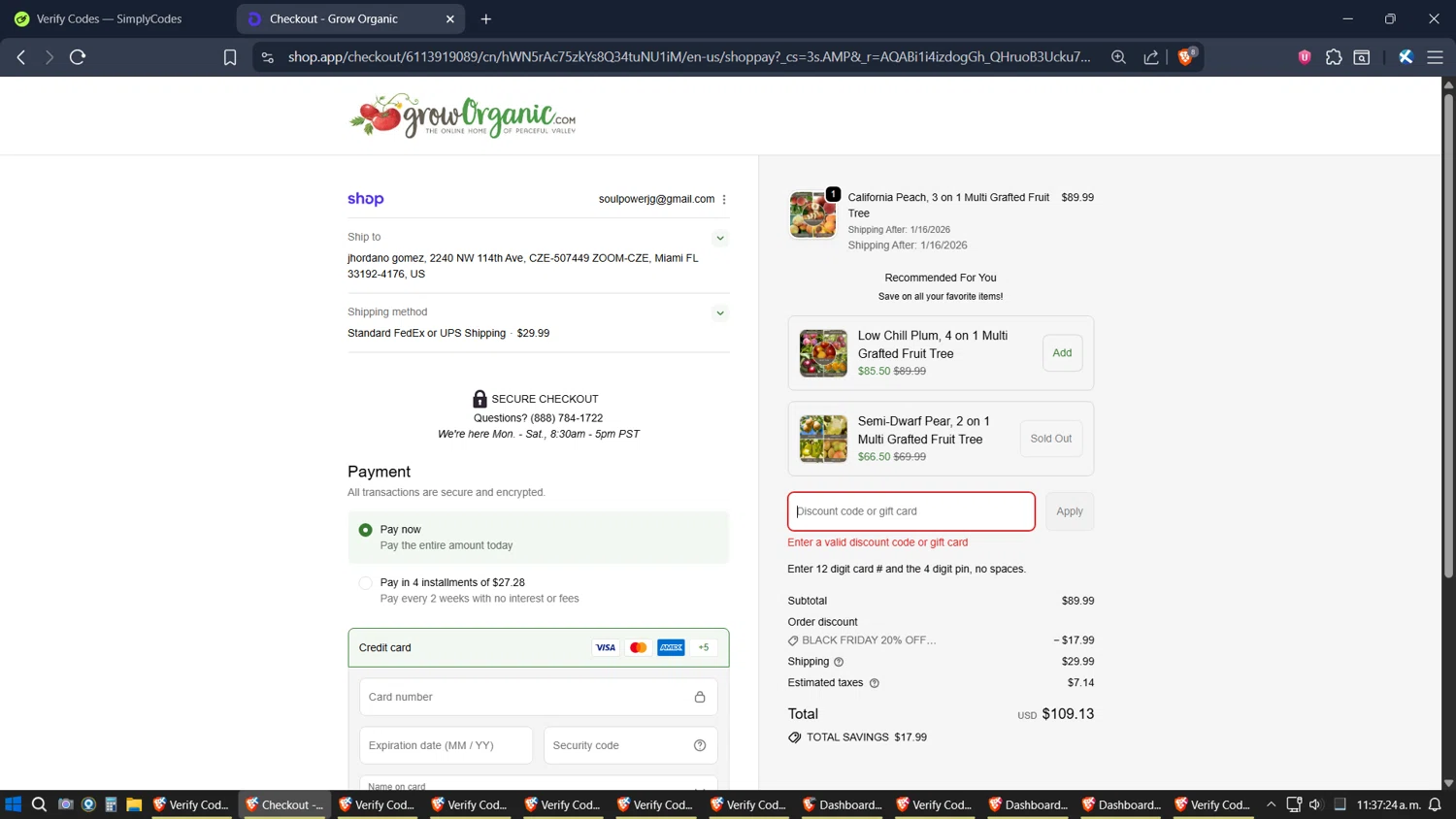 Grow Organic promo code screenshot showing code EARLYBF20 applied at Grow Organic checkout page. Uploaded by SimplyCodes community member verifier_983798000 on Nov 29, 2025