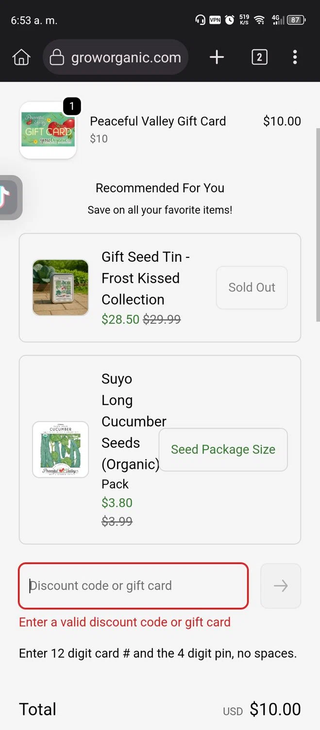 Grow Organic promo code screenshot showing code GARDENGIFT10 applied at Grow Organic checkout page. Uploaded by SimplyCodes community member Diego_Soto on Dec 28, 2025