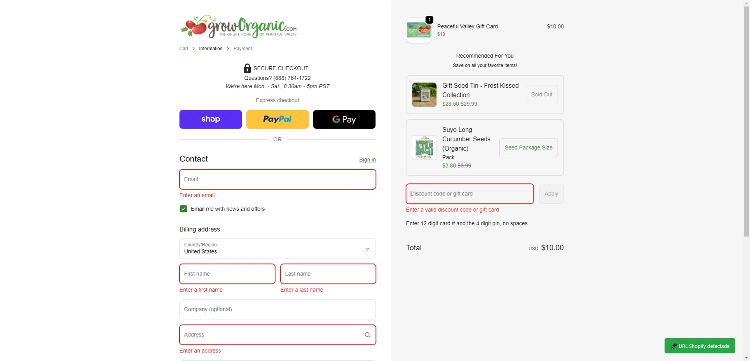 Grow Organic promo code screenshot showing code GARDENGIFT10 applied at Grow Organic checkout page. Uploaded by SimplyCodes community member SilverChaser3269 on Dec 28, 2025