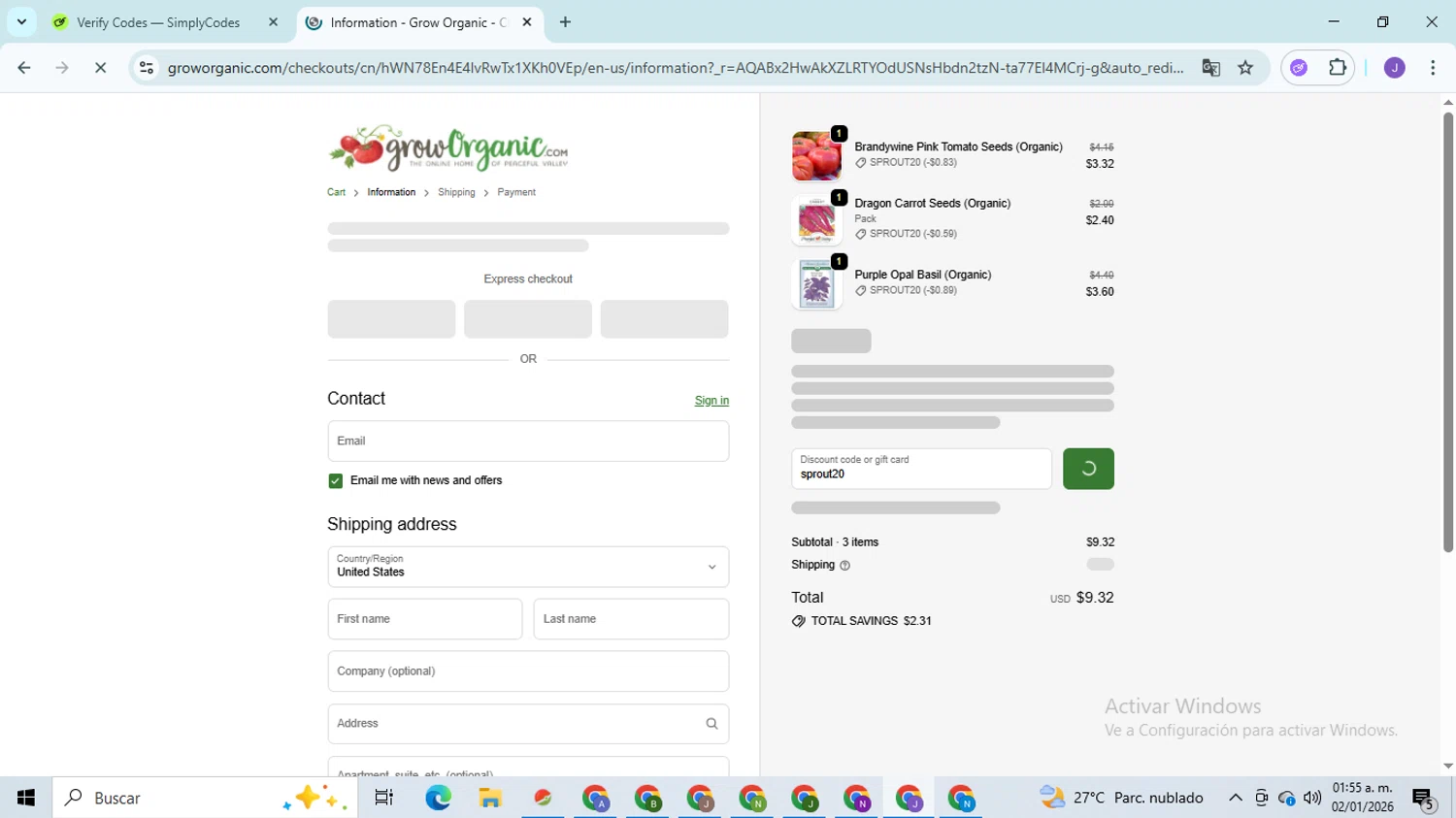 Grow Organic checkout page showing Grow Organic promo code box | Screenshot taken by SimplyCodes community member on Jan 2, 2026