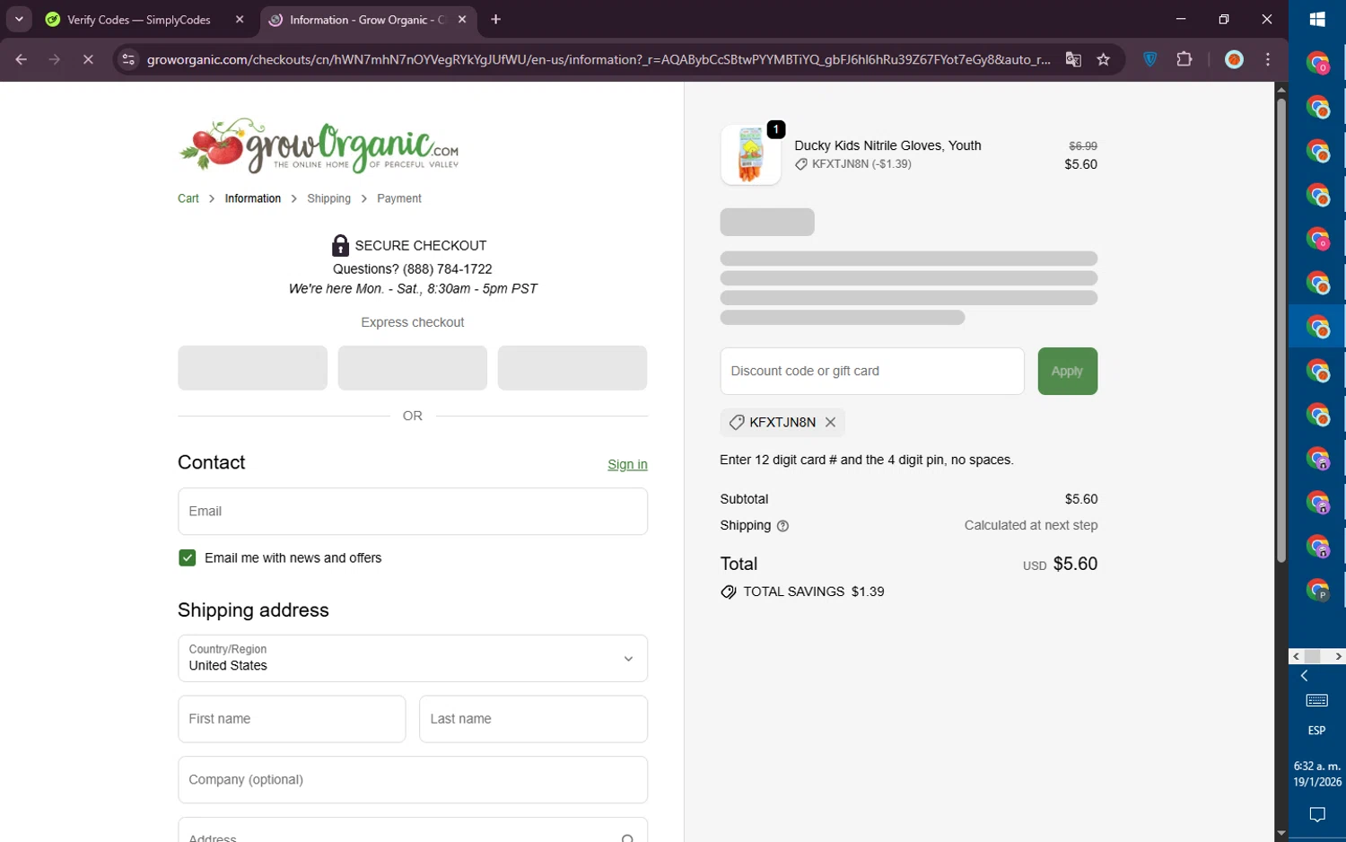 Grow Organic checkout page showing Grow Organic promo code box | Screenshot taken by SimplyCodes community member on Jan 19, 2026