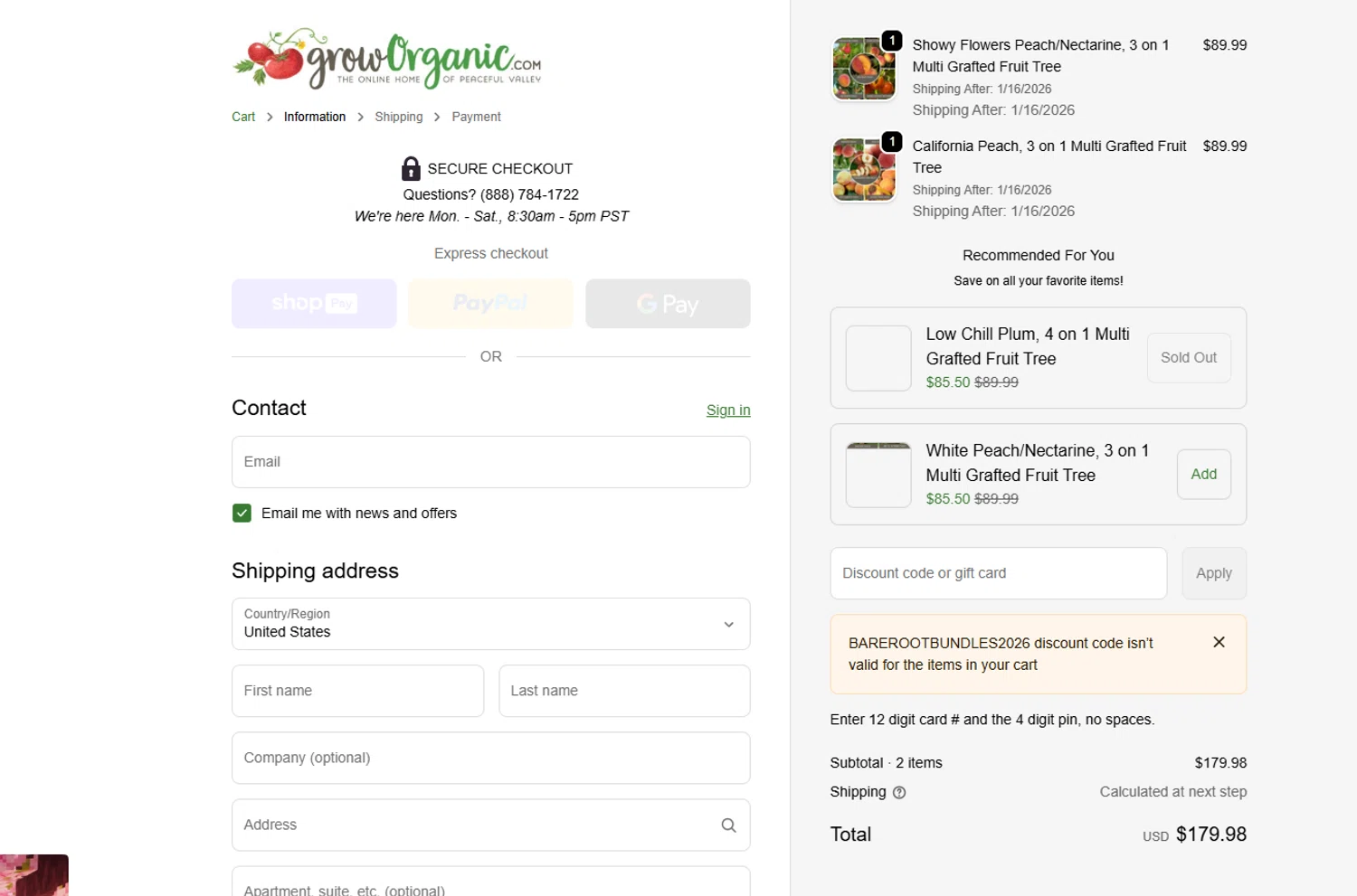 Grow Organic promo code screenshot showing code BAREROOTBUNDLES2026 applied at Grow Organic checkout page. Uploaded by SimplyCodes community member Handivlak on Jan 9, 2026