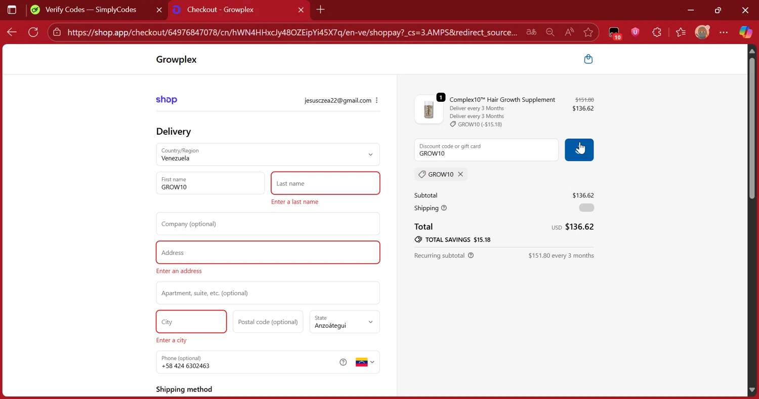Growplex discount code screenshot showing code GROW10 applied at Growplex checkout page. Uploaded by SimplyCodes community member DiscountScout1417 on Oct 19, 2025