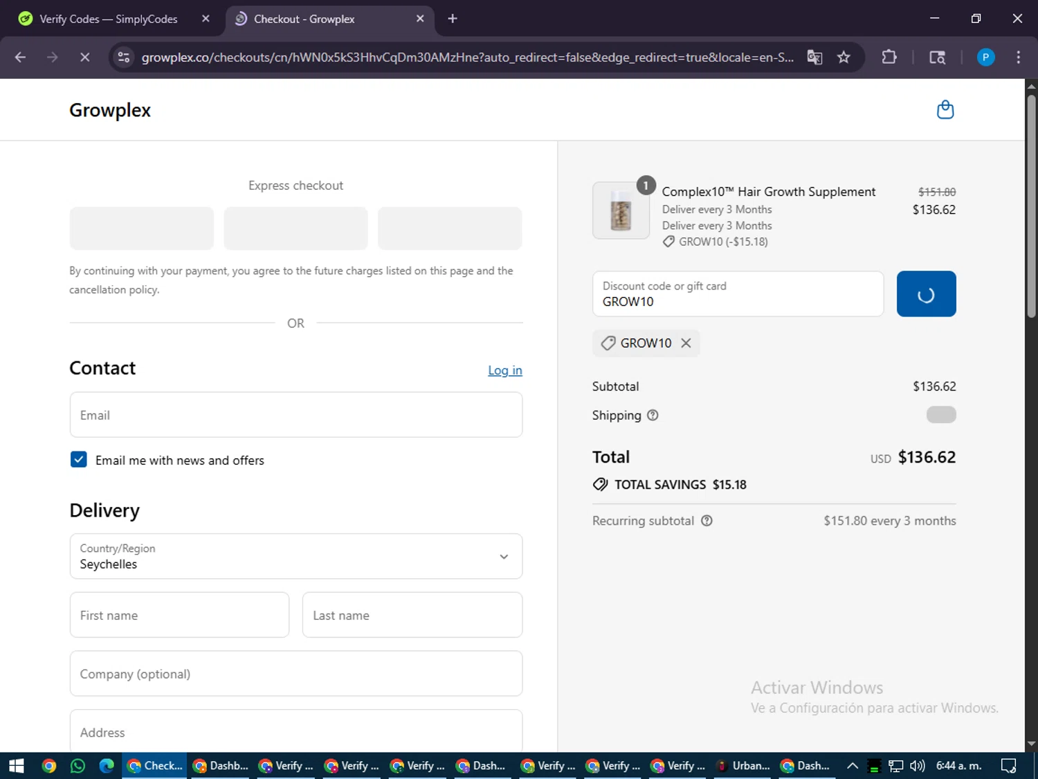Growplex discount code screenshot showing code GROW10 applied at Growplex checkout page. Uploaded by SimplyCodes community member juiceWRLD on Jul 23, 2025