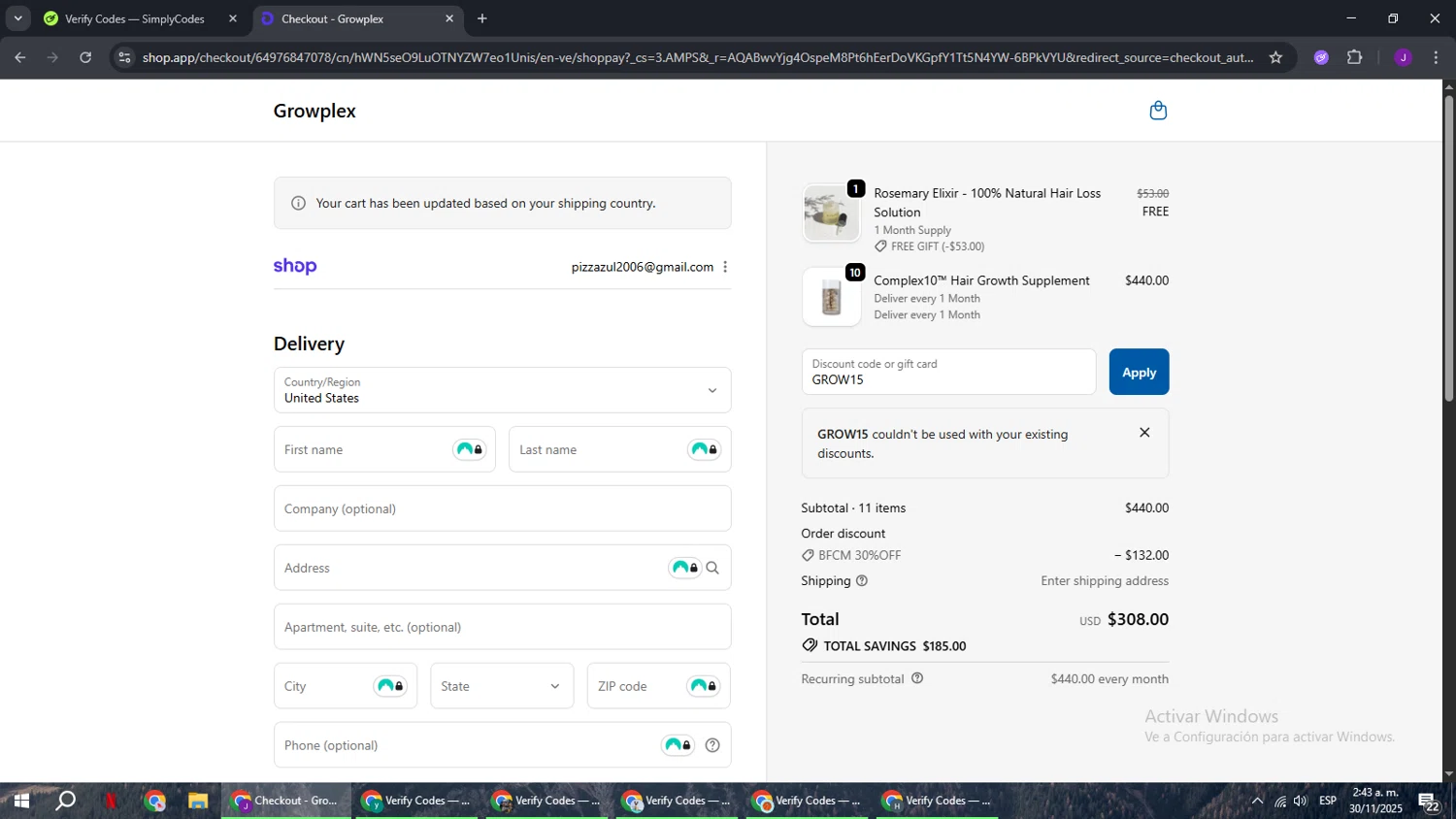 Growplex discount code screenshot showing code GROW15 applied at Growplex checkout page. Uploaded by SimplyCodes community member ComeBurra123 on Nov 30, 2025