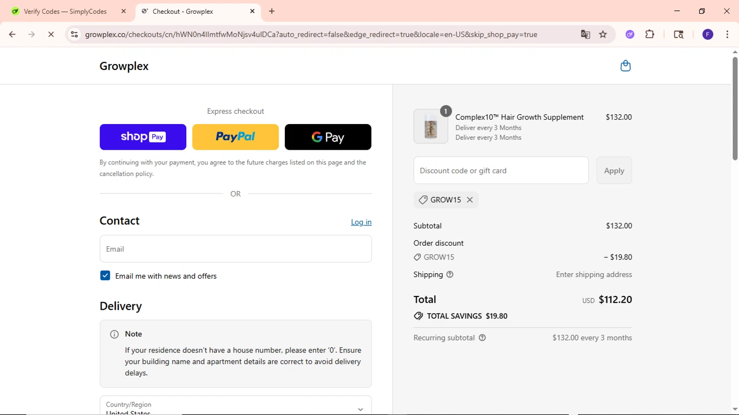 Growplex discount code screenshot showing code GROW15 applied at Growplex checkout page. Uploaded by SimplyCodes community member MightyCaptain635 on Jul 19, 2025
