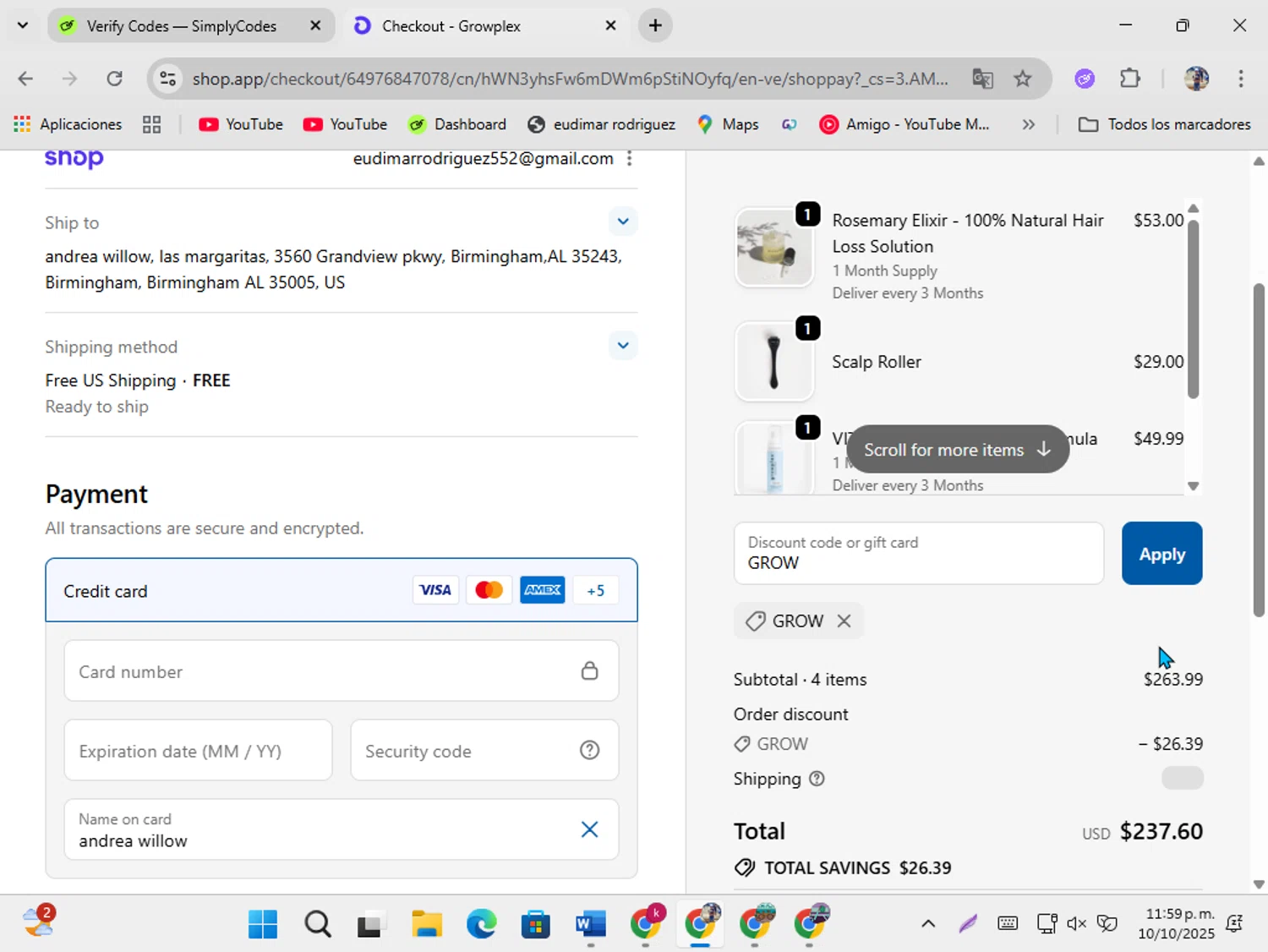 Growplex discount code screenshot showing code GROW applied at Growplex checkout page. Uploaded by SimplyCodes community member ShrewdSeeker5445 on Oct 11, 2025
