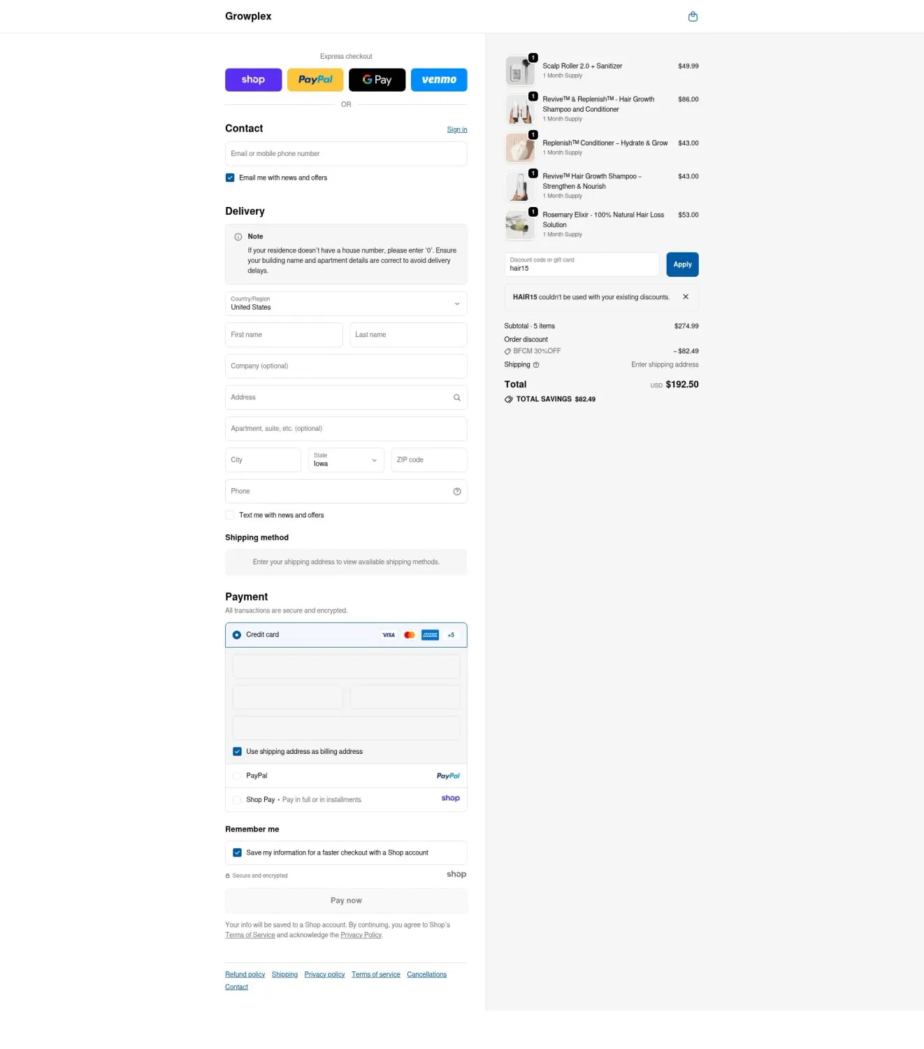 Growplex discount code screenshot showing code hair15 applied at Growplex checkout page. Uploaded by SimplyCodes community member CouponSage7331 on Nov 26, 2025