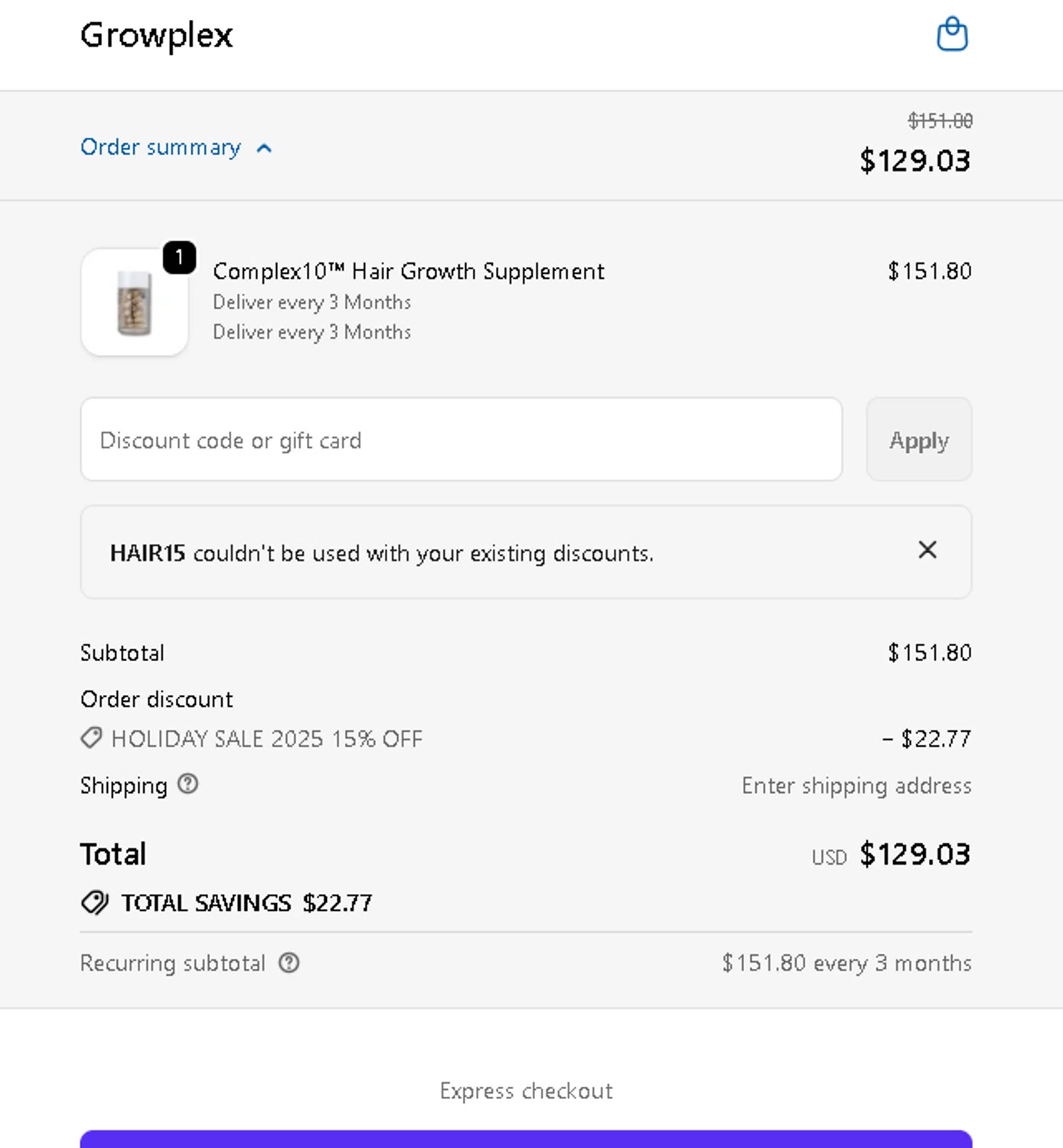 Growplex discount code screenshot showing code hair15 applied at Growplex checkout page. Uploaded by SimplyCodes community member Francisco on Dec 23, 2025