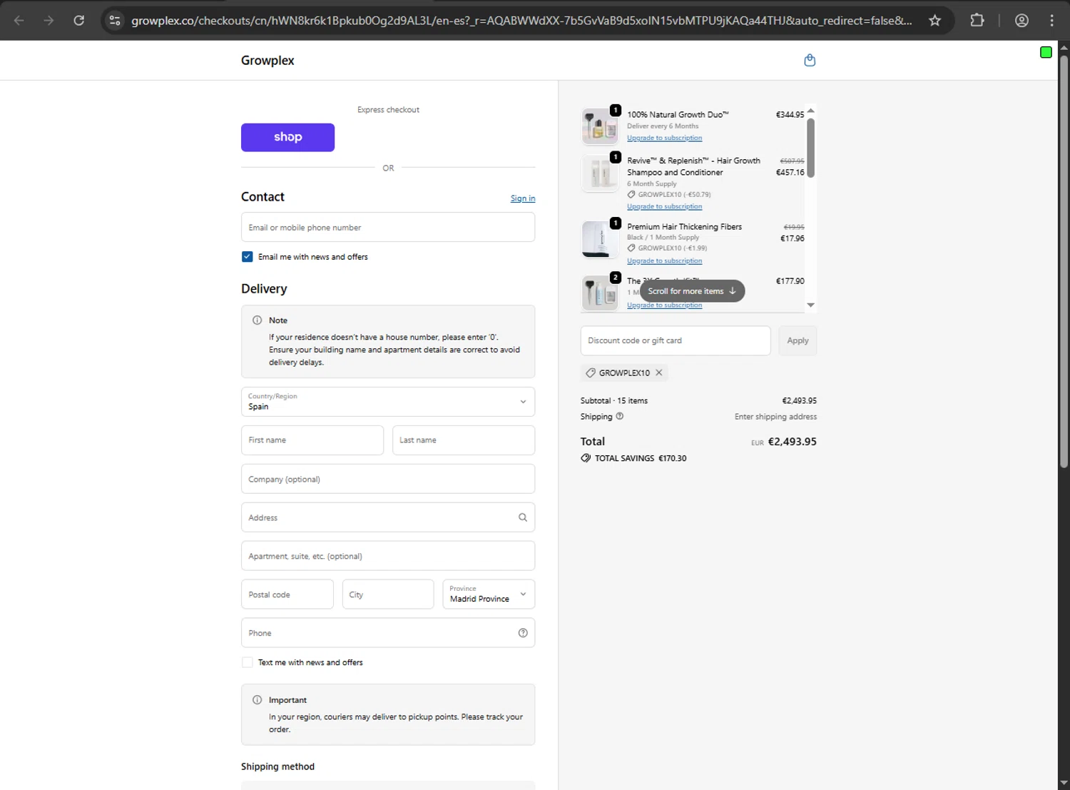 Growplex checkout page showing Growplex discount code box | Screenshot taken by SimplyCodes community member on Feb 14, 2026