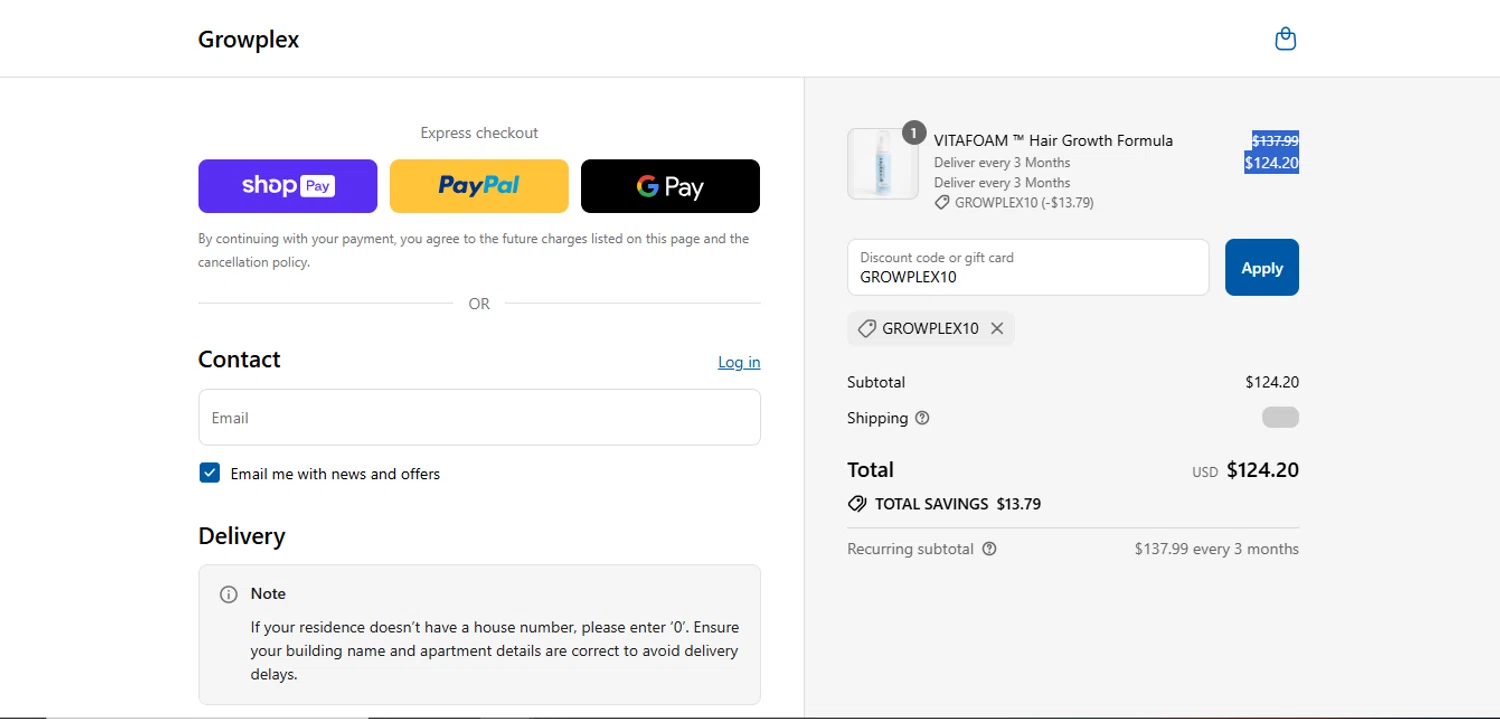 Growplex discount code screenshot showing code GROWPLEX10 applied at Growplex checkout page. Uploaded by SimplyCodes community member juanisaac on Aug 23, 2025